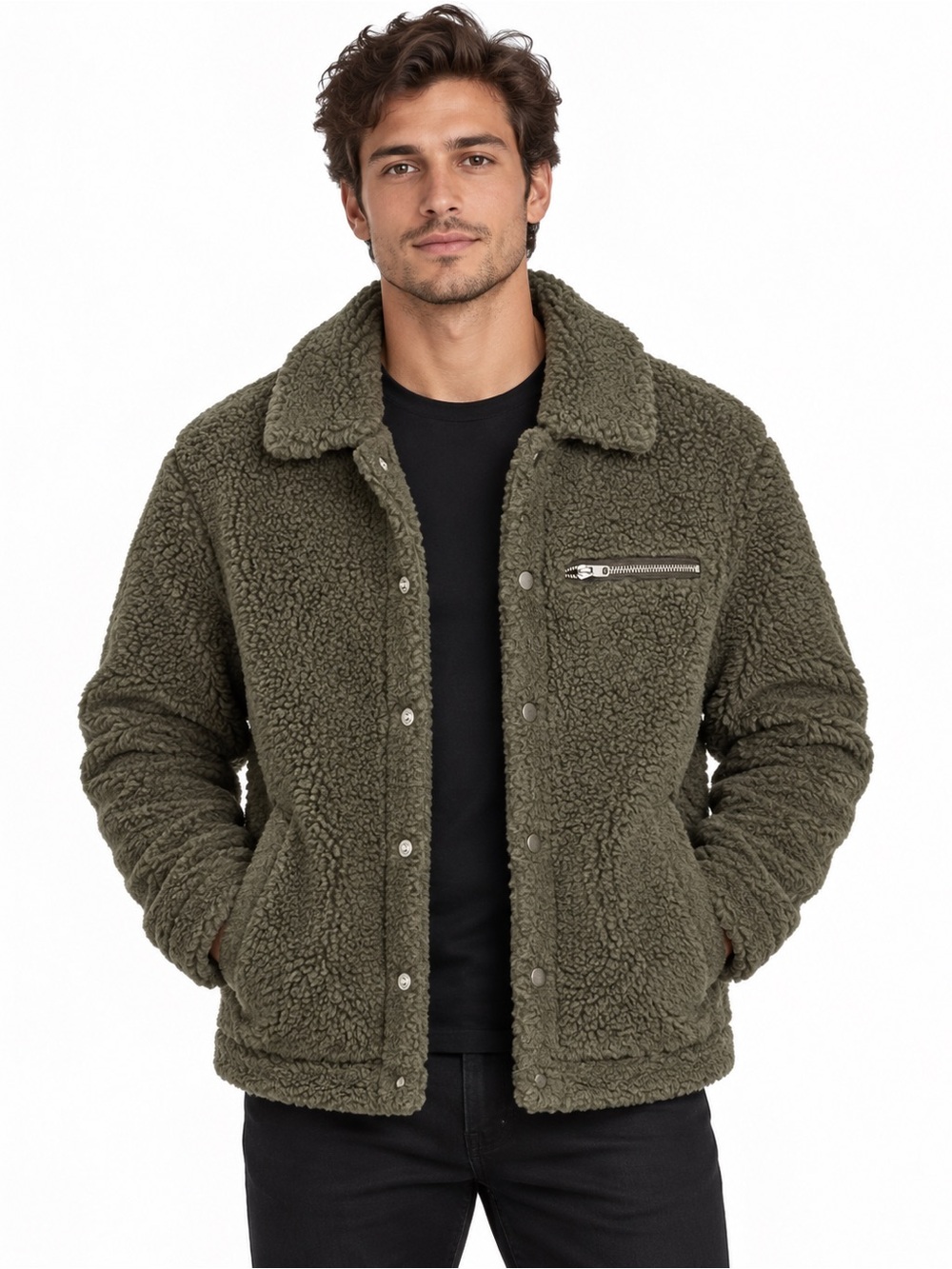 AllSaints ALS Olive Green Teddy Sherpa Fleece Snap Jacket Men’s Medium